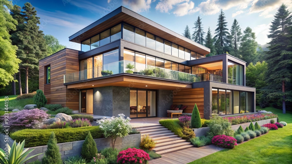 Obraz premium Modern split-level house with sleek exterior design, featuring a mix of wooden and glass elements, nestled among lush green trees and vibrant flowers in a serene environment.