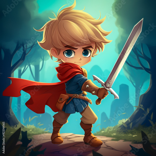 A young cartoon knight with a sword and red cape stands confidently in a mystical forest, ready for adventure photo