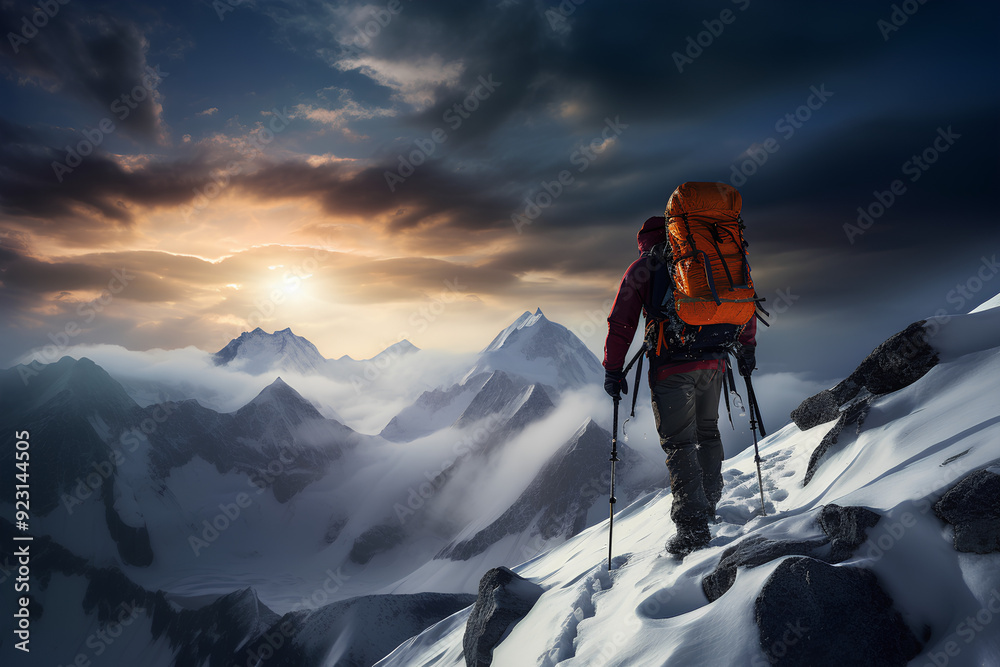 Ski mountaineer walking up along a steep snowy ridge with the skis in the backpack. In background a dramatic sky. Ski mountaineer walking up along a steep snowy ridge with the skis in the backpack. In background a dramatic sky.