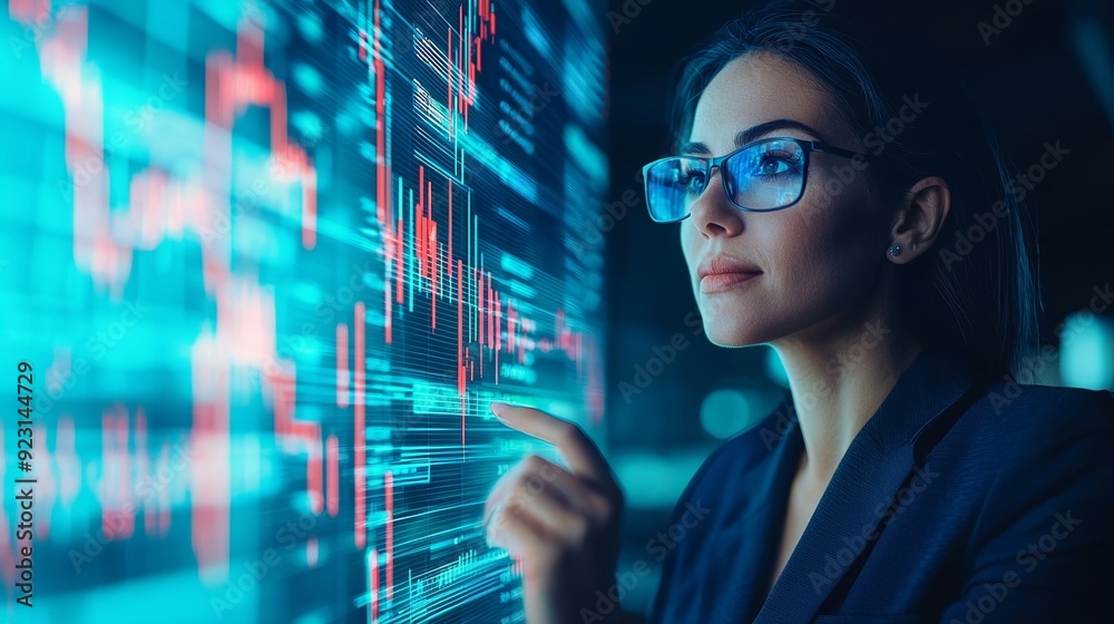 Focused businesswoman analyzing data on a digital interface, showcasing modern technology in a corporate environment. Focused businesswoman analyzing data on a digital interface, showcasing modern technology in a corporate environment.