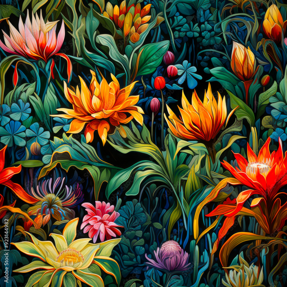 A detailed and colourful botanical view featuring a variety of exotic flowers and lush foliage, showcasing rich, vivid colours