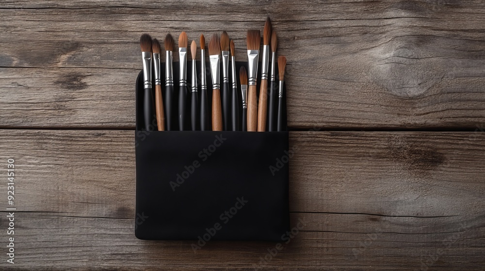 Obraz premium Portable brush holder with compact design, filled with brushes of different sizes, placed on a wooden table with a half-finished painting