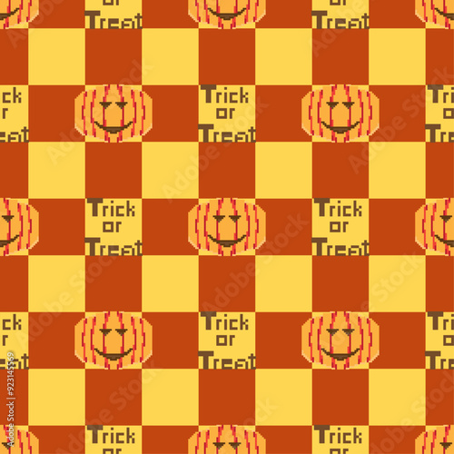 Seamless background created by many pumpkins and texts in pixel art style