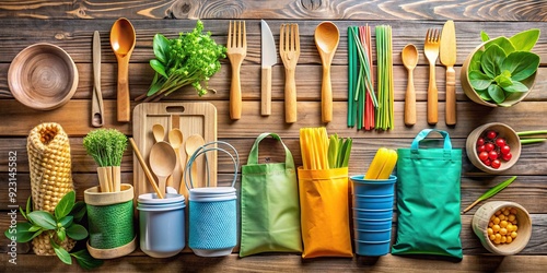 A colorful arrangement of reusable bags, bamboo utensils, and eco-friendly products on a rustic wooden table, promoting sustainable living and environmentally conscious consumerism. photo