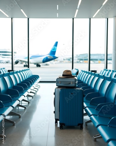 Two suitcases in an empty airport hall, traveler cases in the departure airport terminal waiting for the area, vacation concept.