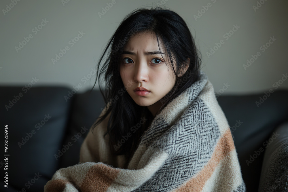 Asian Woman Wrapped in Blanket, Sitting on Sofa, Showing Symptoms of Stomach Flu and Emotional Suffering, Depicting Health and Distress Asian Woman Wrapped in Blanket, Sitting on Sofa, Showing Symptoms of Stomach Flu and Emotional Suffering, Depicting Health and Distress