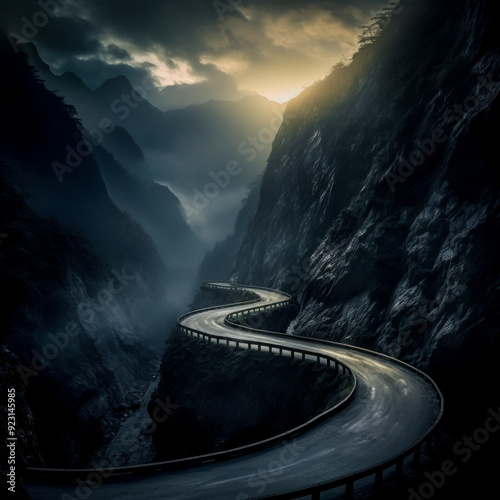 A moody and atmospheric image of a winding road cutting through steep mountain cliffs at dusk with dramatic lighting highlighting the curves and creating a mysterious cinematic feel