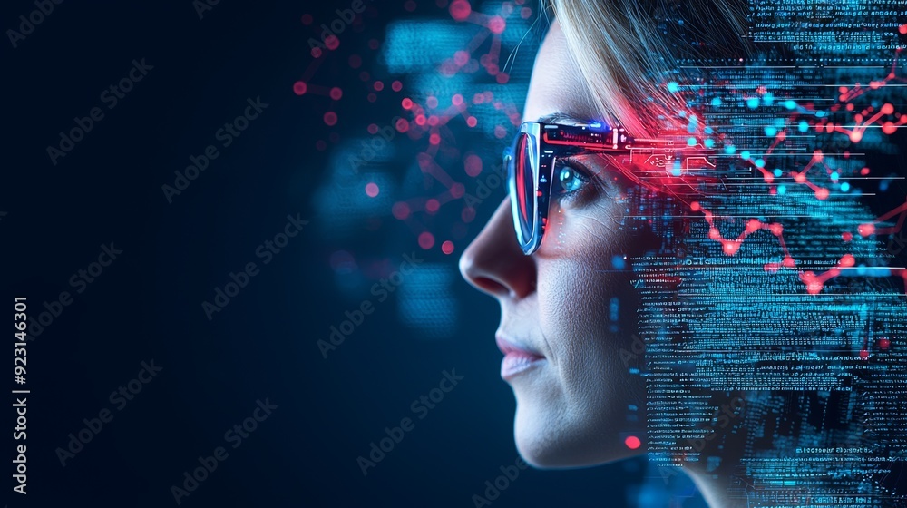Futuristic woman with glasses, immersed in digital data, representing technology and innovation in the modern world. Futuristic woman with glasses, immersed in digital data, representing technology and innovation in the modern world.