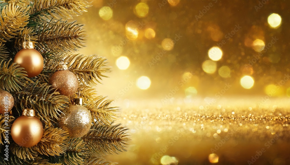 Happy New Year 2025 poster , Christmas balls, New Year tree on a golden background Happy New Year 2025 poster , Christmas balls, New Year tree on a golden background