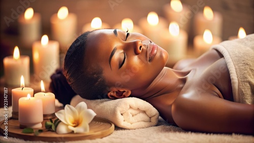 Relaxed young woman with dark skin and closed eyes receives a soothing facial treatment at a tranquil spa, surrounded by calming candles and soft lighting. photo