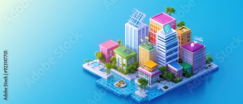 Urban Sustainability Education in Isometric Cityscape with Eco-Friendly Buildings and Green Spaces