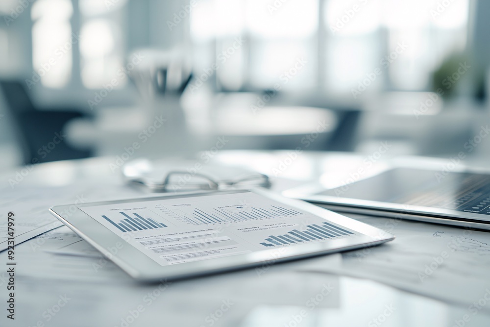 Obraz premium A professional setting featuring a desk with bond certificates, a financial report on interest rates, and a tablet displaying a market analysis app. The scene is arranged to provide significant copy
