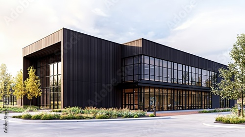 Modern architectural design featuring a sleek black exterior and large glass windows, surrounded by landscaped greenery.