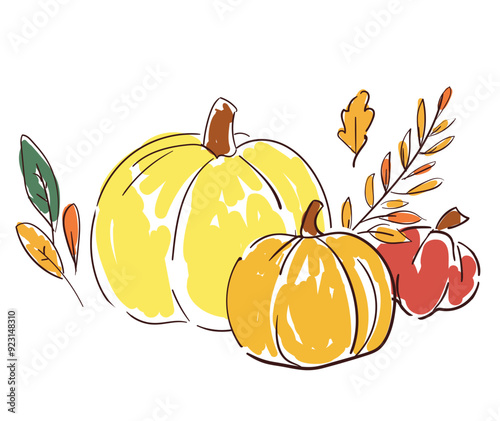 Pumpkin and leaves autumn background, vector illustration, hand drawn design postcard holiday, ink, sketch 