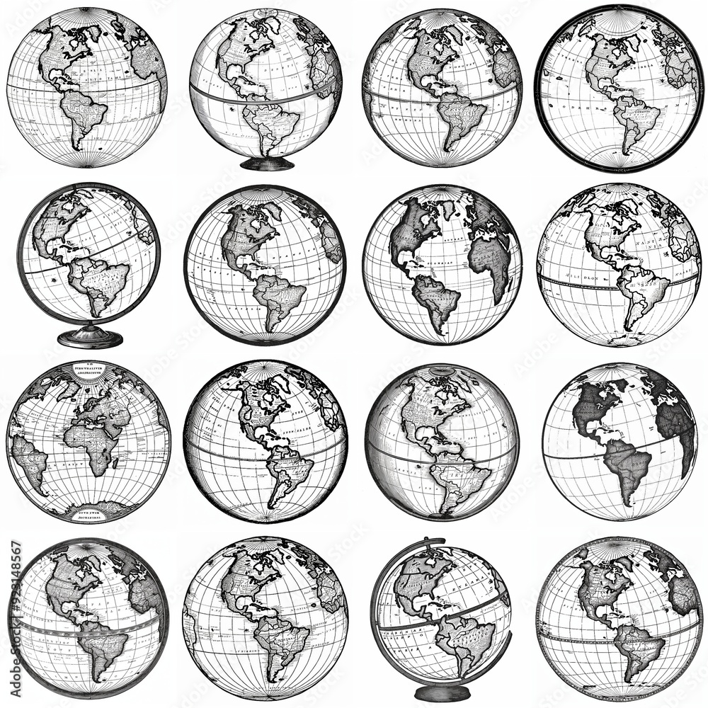 Obraz premium Vintage Globe Illustration Collection Featuring Different Views of the Americas