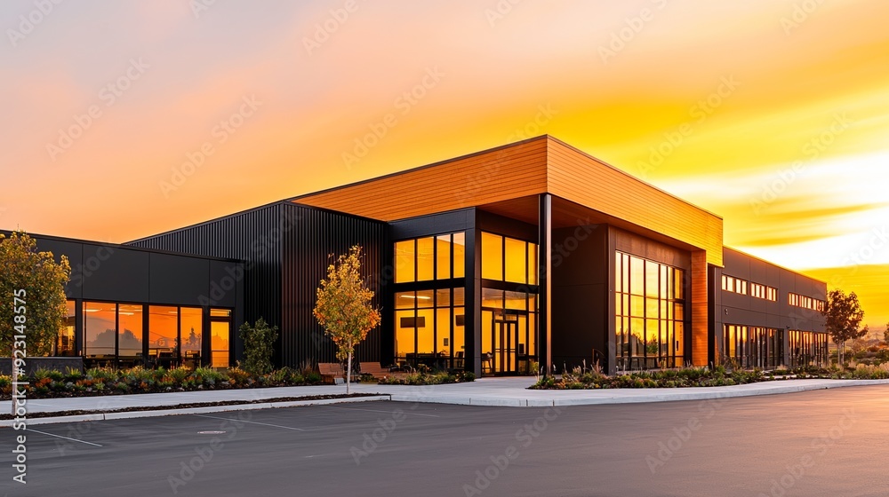 Modern building with large windows under a vibrant sunset sky, showcasing contemporary architecture and serene surroundings. Modern building with large windows under a vibrant sunset sky, showcasing contemporary architecture and serene surroundings.