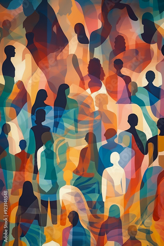 Vibrant abstract artwork featuring overlapping multicolored silhouettes of diverse people symbolizing unity, diversity and community in a dynamic and artistic composition