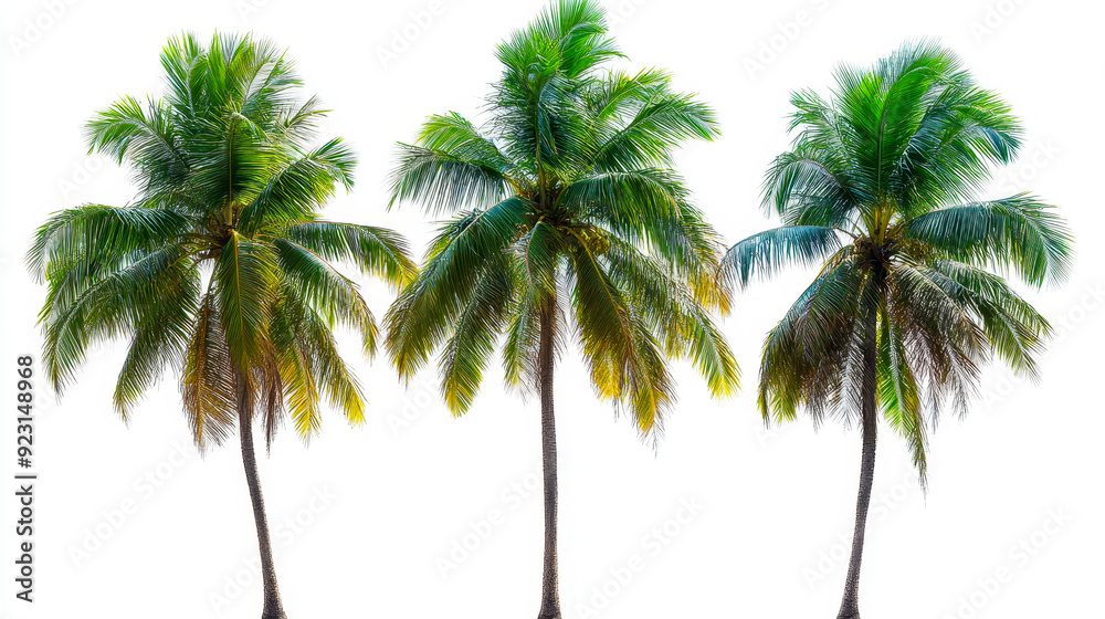 Obraz premium Three Coconut Palm Trees Isolated on White Background, Tropical Nature Theme, Exquisite Foliage, Summer Vibes, Beach Holiday Concept, Vibrant Green Leaves, Perfect for Travel and Landscaping Projects
