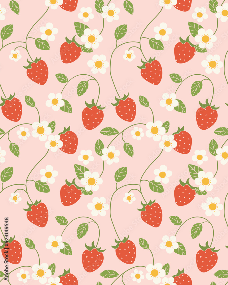 Red Strawberry and white flowers. seamless pattern for decorating all fashion designs, fabrics, wallpapers and prints. on a light brown background Red Strawberry and white flowers. seamless pattern for decorating all fashion designs, fabrics, wallpapers and prints. on a light brown background