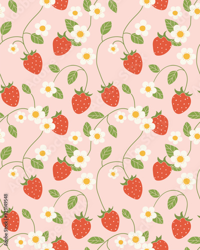 Red Strawberry and white flowers. seamless pattern for decorating all fashion designs, fabrics, wallpapers and prints. on a light brown background