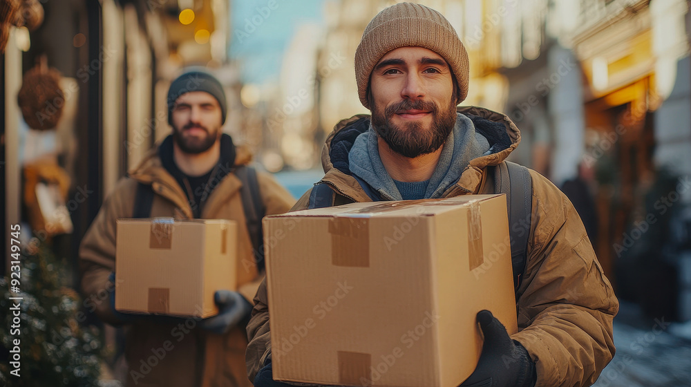 Smiling Delivery Men Carrying Cardboard Boxes in Winter Street, Couriers in Warm Clothing Handling Packages, Urban Delivery Service, Winter Time Logistics and Shipping Smiling Delivery Men Carrying Cardboard Boxes in Winter Street, Couriers in Warm Clothing Handling Packages, Urban Delivery Service, Winter Time Logistics and Shipping