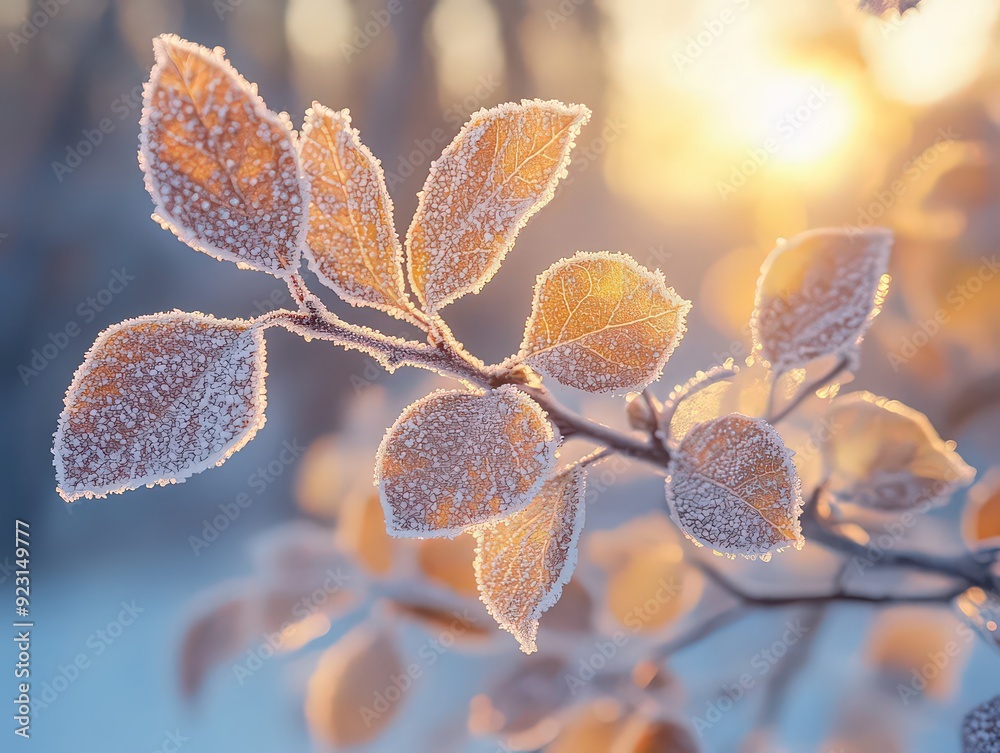 Close-up of frosted leaves in the early morning sunlight, capturing the delicate beauty of nature in winter. Close-up of frosted leaves in the early morning sunlight, capturing the delicate beauty of nature in winter.