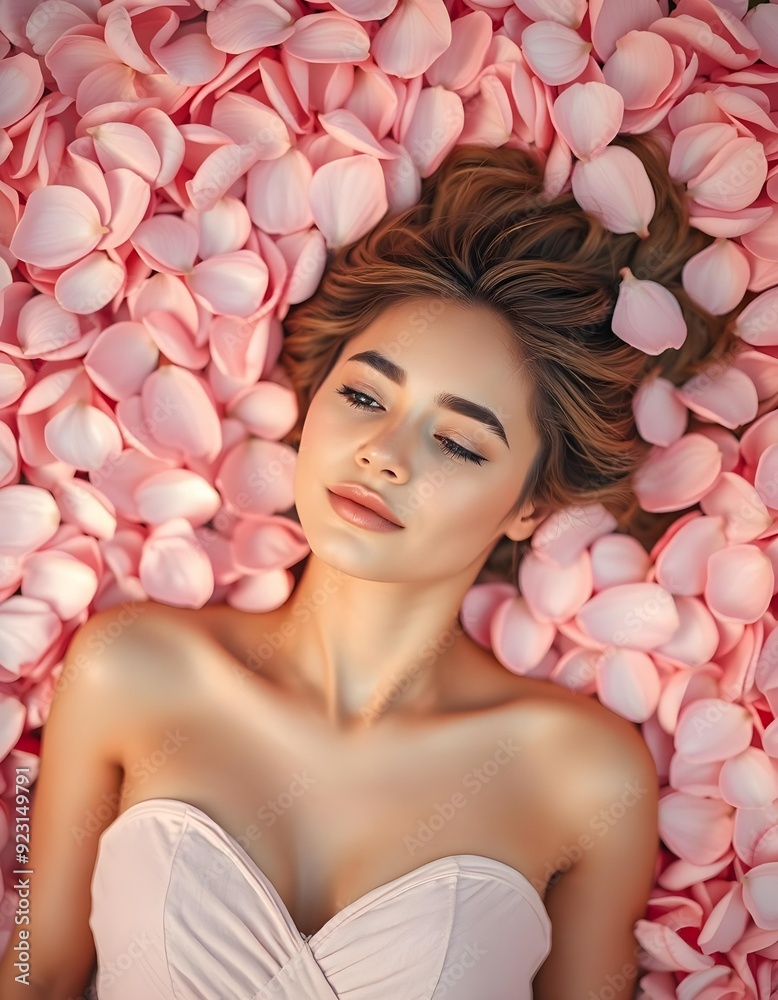 Beauty Woman Surrounded by Pink Flower Petals Beauty Woman Surrounded by Pink Flower Petals