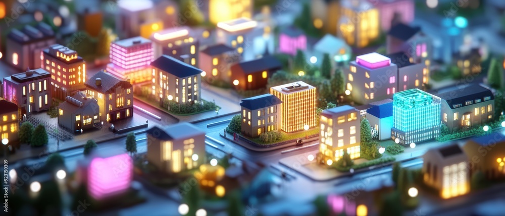 Obraz premium Glowing City Nights: Vibrant Isometric View of Urban Nightlife District