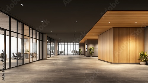 Modern office interior featuring spacious layout, glass walls, wood accents, and greenery for a vibrant work environment.