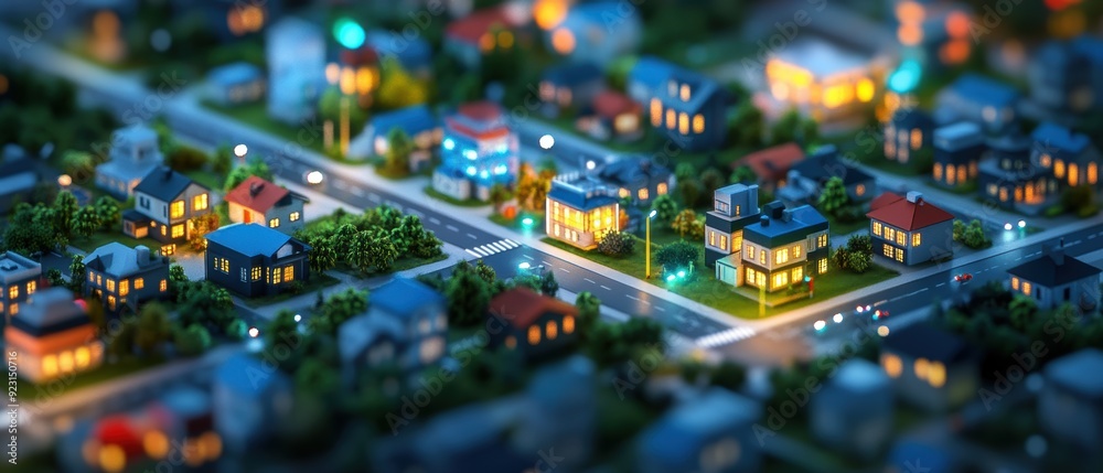Obraz premium Illuminated Isometric Cityscape with Nighttime Security Surveillance
