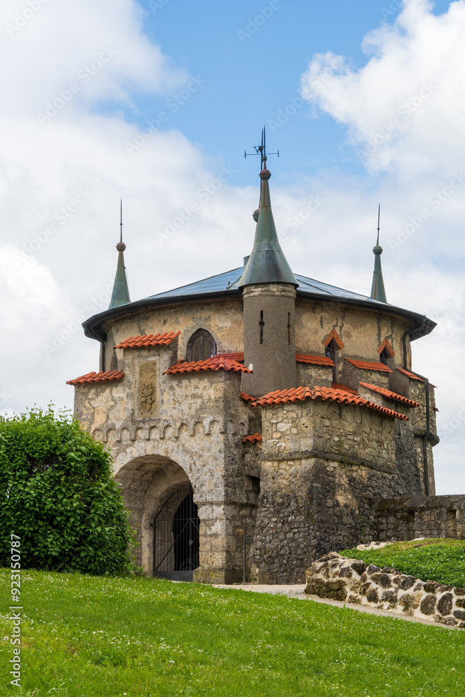 Fototapeta premium Lichtenstein Castle, Gothic Revival castle located in the Swabian Jura of southern Germany, overlooking the Echaz valley near Honau, Reutlingen in the state of Baden-Württemberg