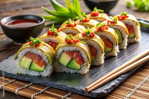 Freshly prepared gourmet sushi rolls with vibrant ingredients, including spicy tuna, crab, and avocado, elegantly arranged on a modern slate plate with chopsticks. photo