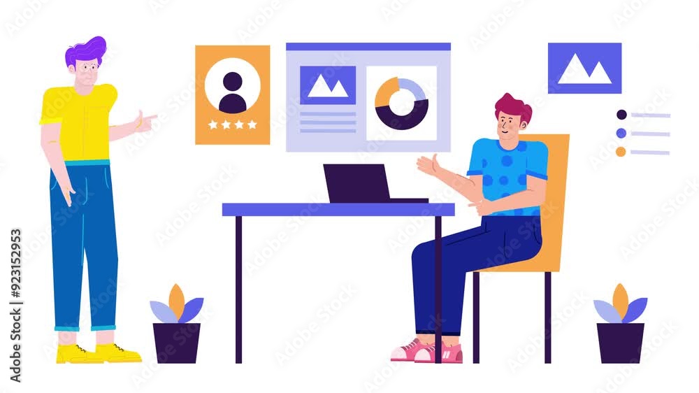 a worker sits at a desk using laptop while talking with friend illustration business animated video