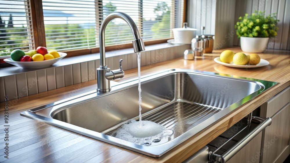 Shiny metal sink with water flowing down the drain, soap suds and bubbles stuck to the sides, against a clean and modern kitchen backdrop. Shiny metal sink with water flowing down the drain, soap suds and bubbles stuck to the sides, against a clean and modern kitchen backdrop.
