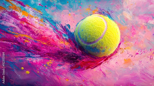 Vibrant Tennis Ball Art: A Dynamic Poster for Sports Interiors with Colorful Paint Splashes in Pink, Turquoise, and Yellow – Energize Your Space!