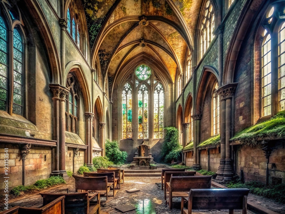 Obraz premium Forgotten Sanctuary: Decayed church, crumbling walls, stained glass, muted tones, sense of mystery
