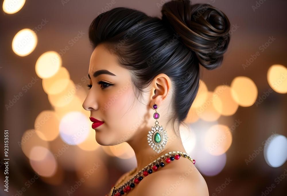 Elegant Woman in Profile with Glamorous Updo and Jewelry Elegant Woman in Profile with Glamorous Updo and Jewelry