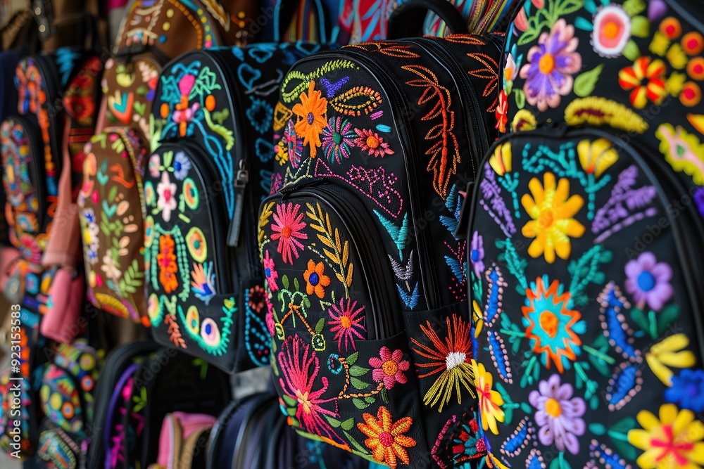 A close-up shot of the embroidered backpacks hanging in a Mexican craft store A close-up shot of the embroidered backpacks hanging in a Mexican craft store