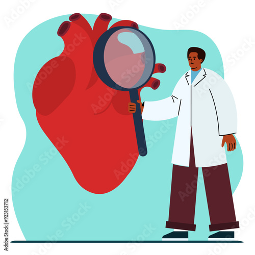 Male cardiologist doctor conducts a medical examination of a human heart. Heart disease examination. Cardiology concept. Flat vector illustration on blue background