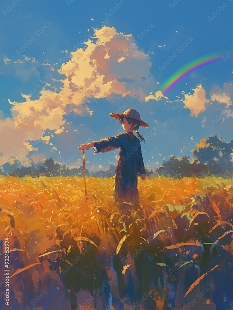 Fototapeta premium Enchanting Anime-Style Autumn Rain Scene: Scarecrow in Rice Paddy with Rainbow. Dreamy Rural Landscape for Children's Books and Creative Marketing. Serene Agricultural Beauty, Joyful Harvest Illustrat