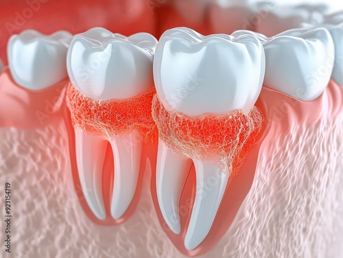 3D rendering of teeth affected by periodontal disease, showing gum inflammation and bone loss