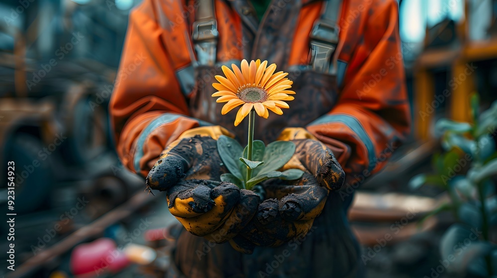 Naklejka premium Hope in the Rubble - A Single Flower in Dirty Hands - A Symbol of Resilience and Renewal.
