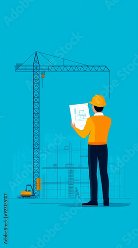 Illustration of a construction worker analyzing blueprints at a building site with a crane, symbolizing industry and engineering. photo