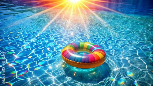 Sparkling pool water ripples around a colorful flotation device as sunbeams pierce the surface, capturing the dynamic energy of a refreshing aquatic fitness session. photo