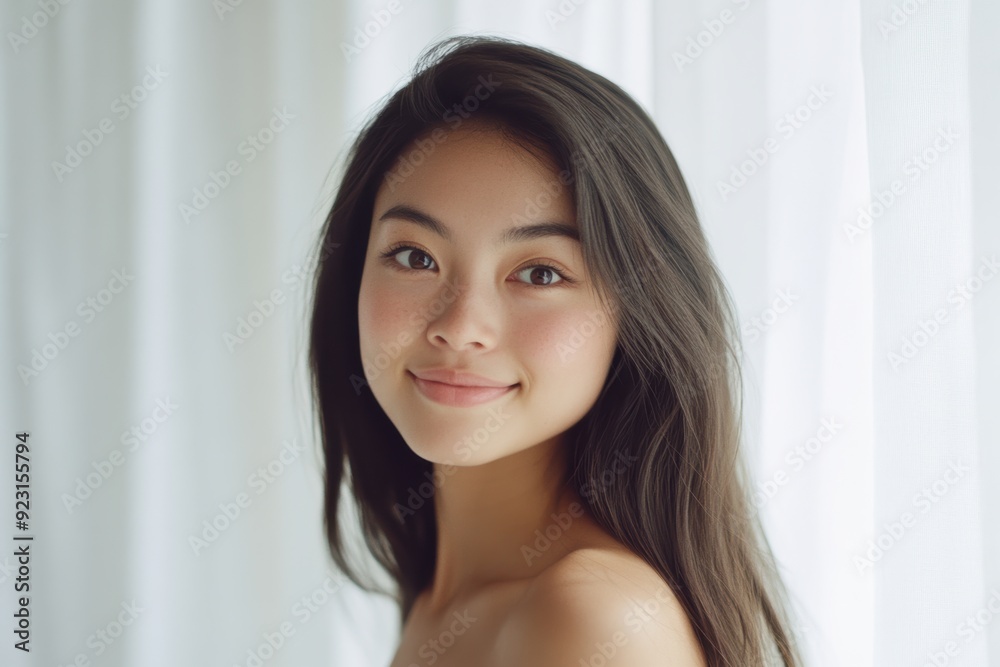 Alluring Asian girl in a poised stance, smiling at the camera, her fresh makeup and flawless skin beautifully framed by a billowing white curtain. Alluring Asian girl in a poised stance, smiling at the camera, her fresh makeup and flawless skin beautifully framed by a billowing white curtain.