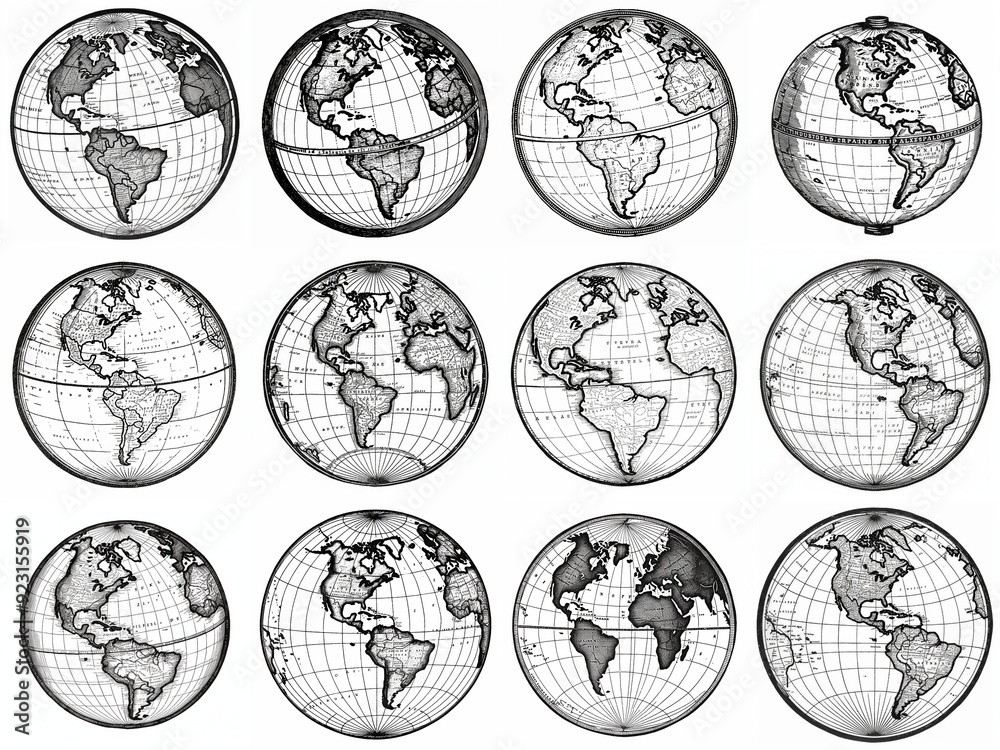 Obraz premium Detailed Black and White Illustrations of Globes Displaying Various World Views for Educational and Artistic Use