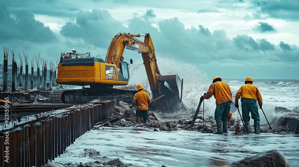 Construction Workers Using Excavator on Stormy Beach Construction Workers Using Excavator on Stormy Beach