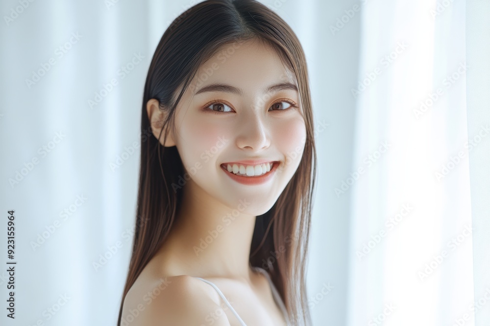 Alluring Asian girl in a poised stance, smiling at the camera, her fresh makeup and flawless skin beautifully framed by a billowing white curtain. Alluring Asian girl in a poised stance, smiling at the camera, her fresh makeup and flawless skin beautifully framed by a billowing white curtain.