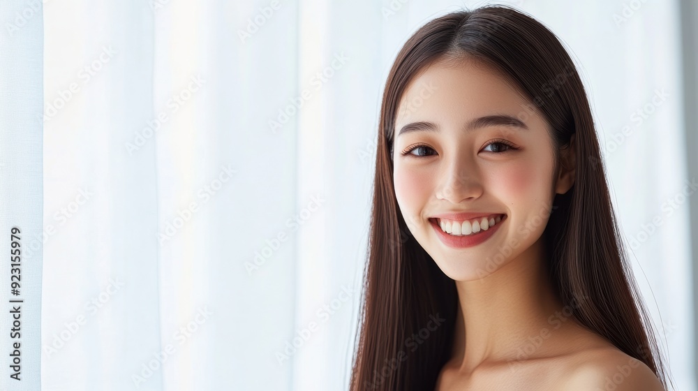 Alluring Asian girl in a poised stance, smiling at the camera, her fresh makeup and flawless skin beautifully framed by a billowing white curtain. Alluring Asian girl in a poised stance, smiling at the camera, her fresh makeup and flawless skin beautifully framed by a billowing white curtain.