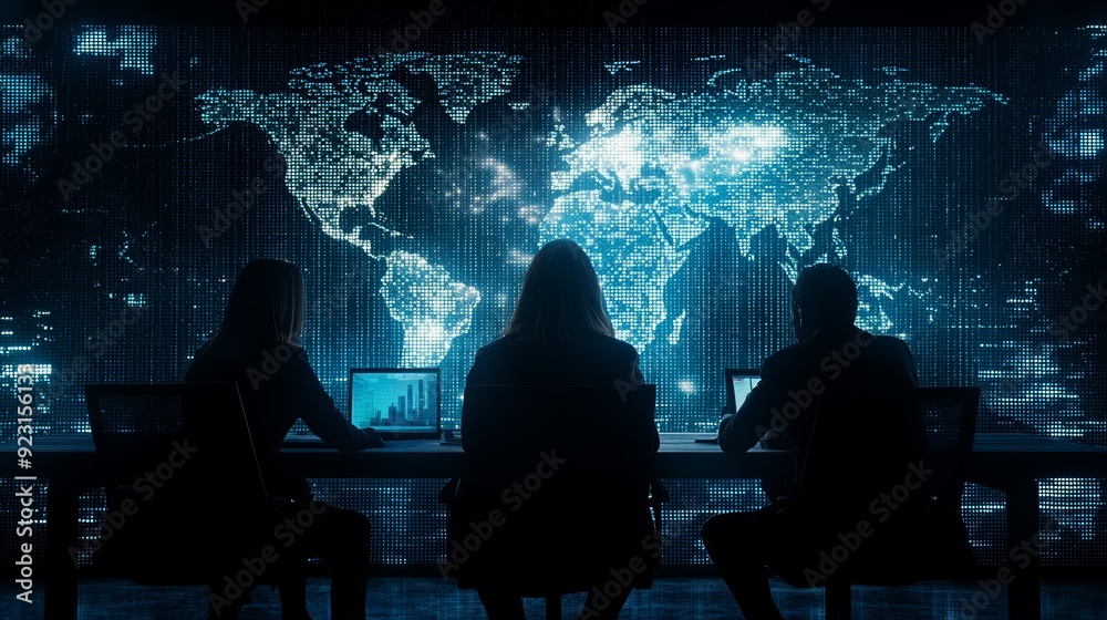 Silhouetted professionals analyze global data on screens, showcasing advanced technology and data visualization in a modern workspace. Silhouetted professionals analyze global data on screens, showcasing advanced technology and data visualization in a modern workspace.